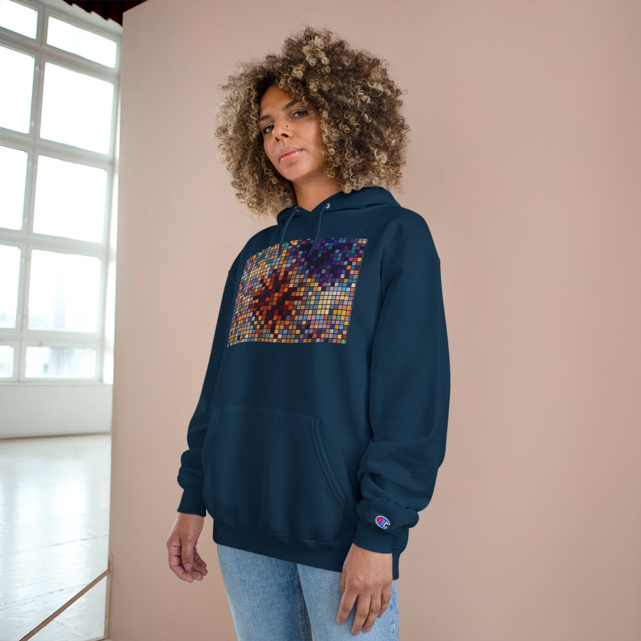 Abstract Mosaic Floral Champion Hoodie — Colorful Pixel Flower Graphic - Image 24