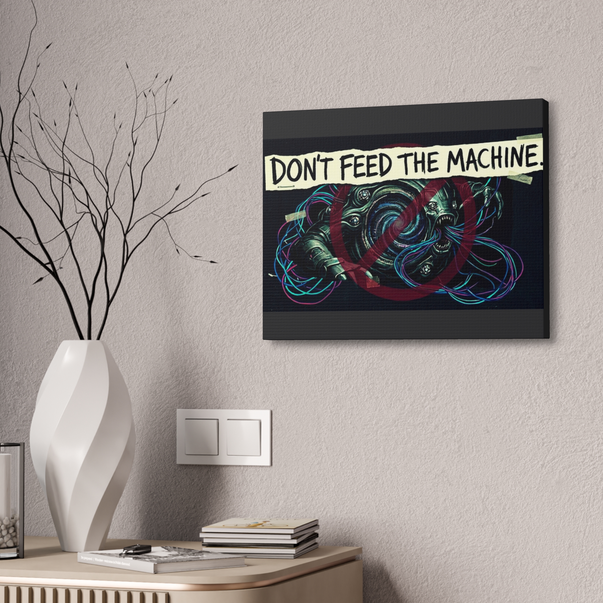 Don’t Feed The Machine Canvas Wall Art – Cyberpunk Tech Protest Print - Image 4