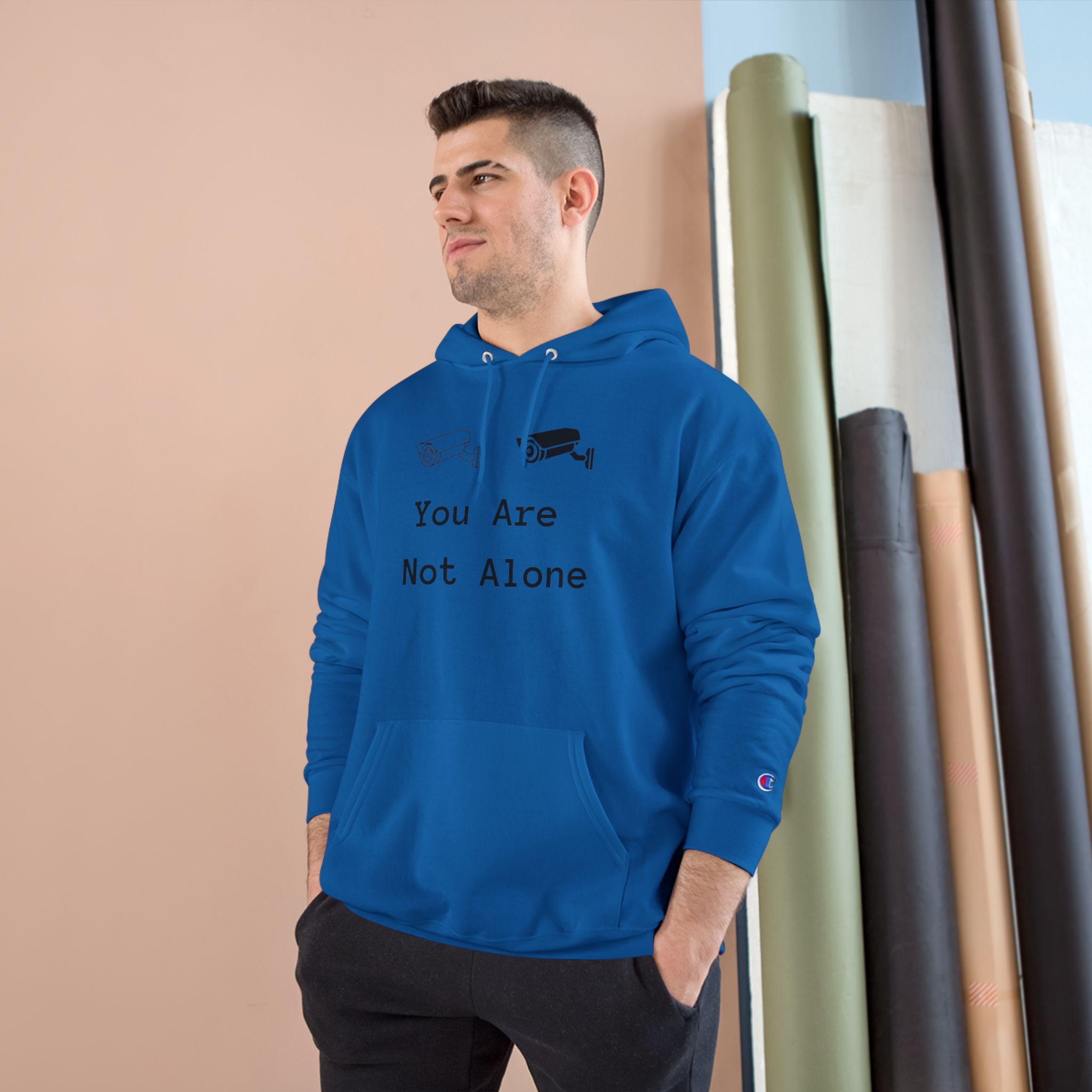 You Are Not Alone Hoodie – Minimalist Surveillance Camera Graphic Champion Hoodie - Image 10