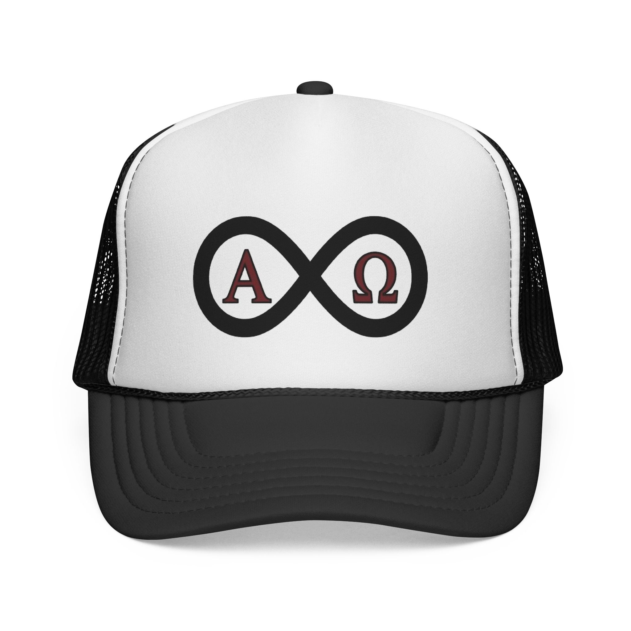 Christian Infinity Trucker Hat — Alpha & Omega Symbol Cap