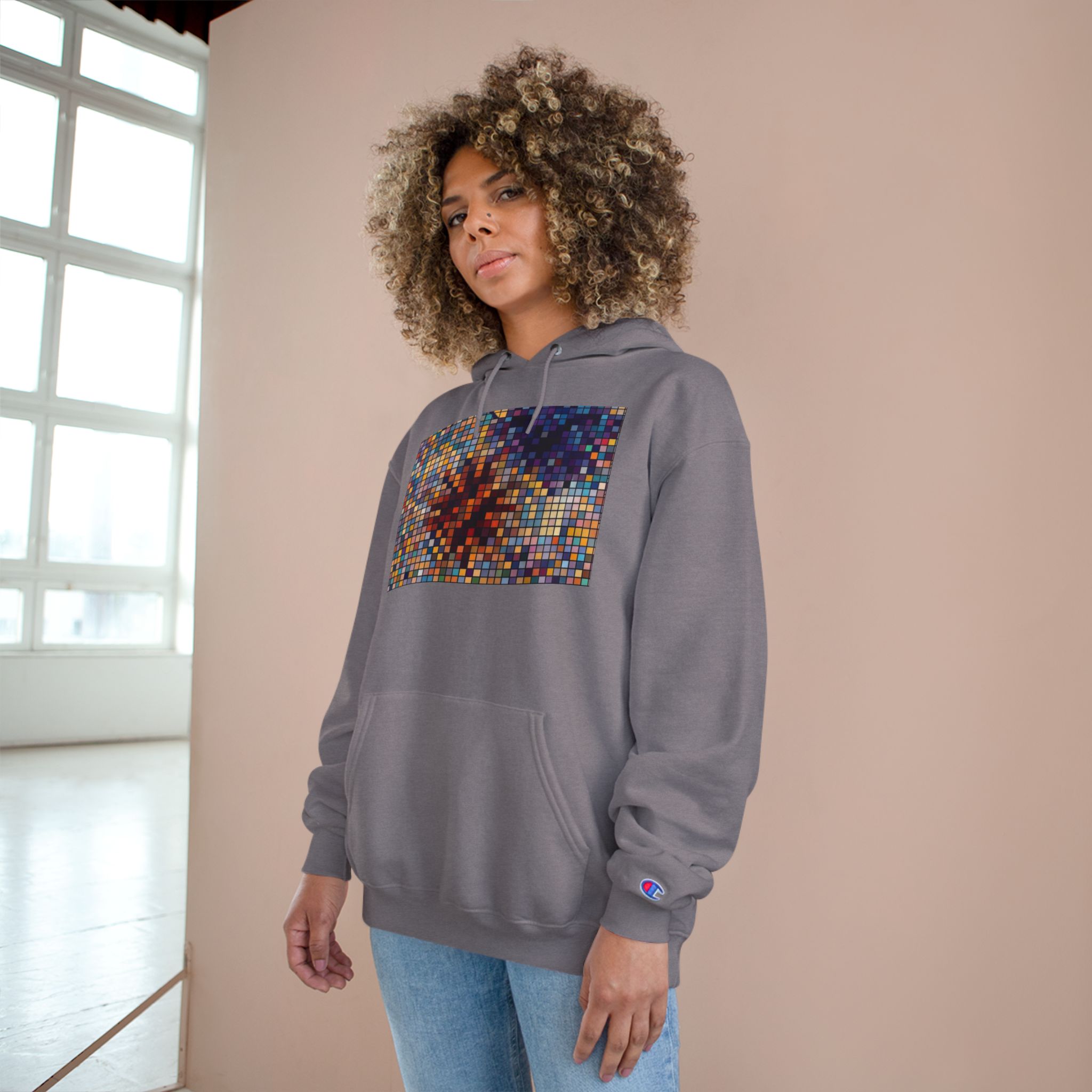 Abstract Mosaic Floral Champion Hoodie — Colorful Pixel Flower Graphic - Image 28