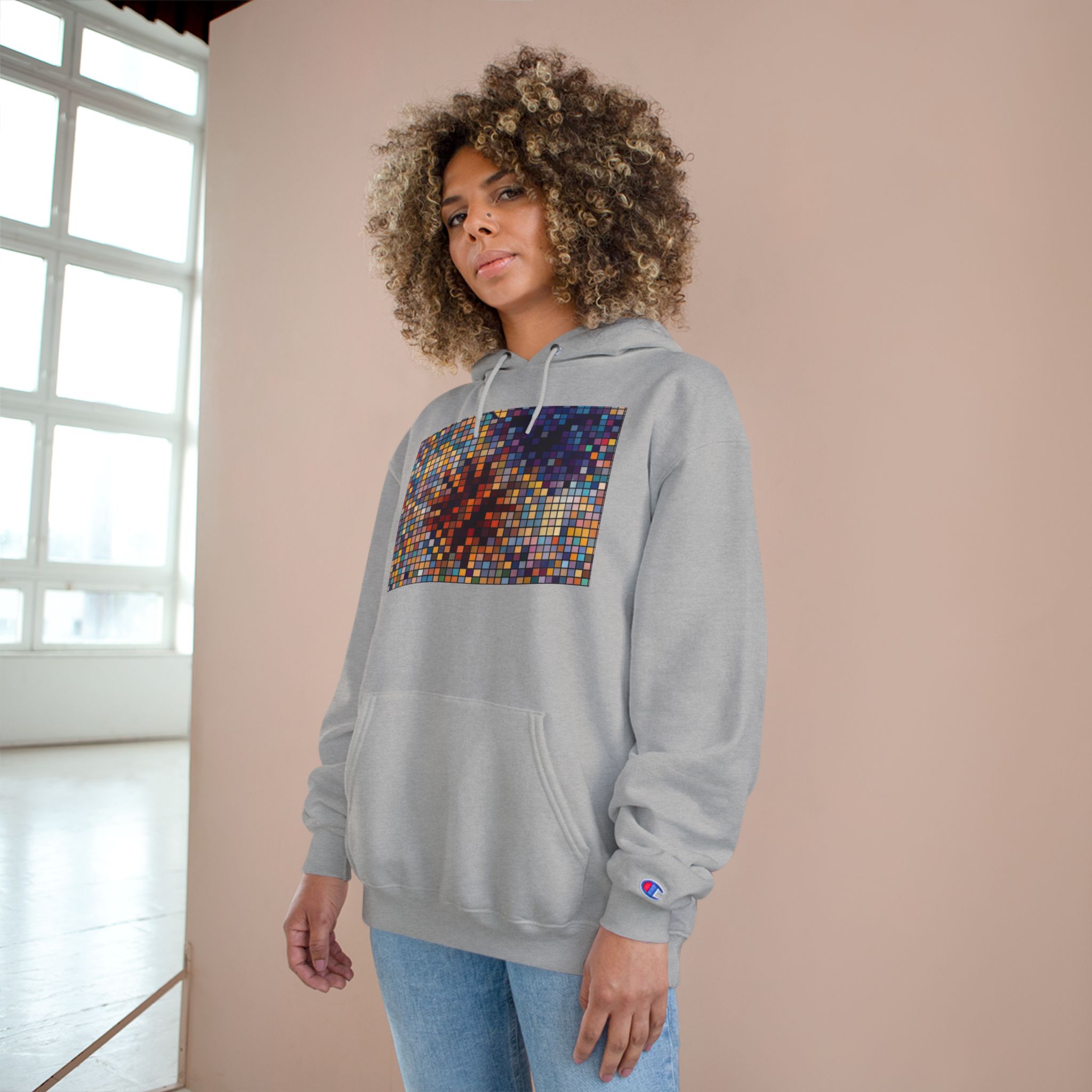 Abstract Mosaic Floral Champion Hoodie — Colorful Pixel Flower Graphic - Image 12
