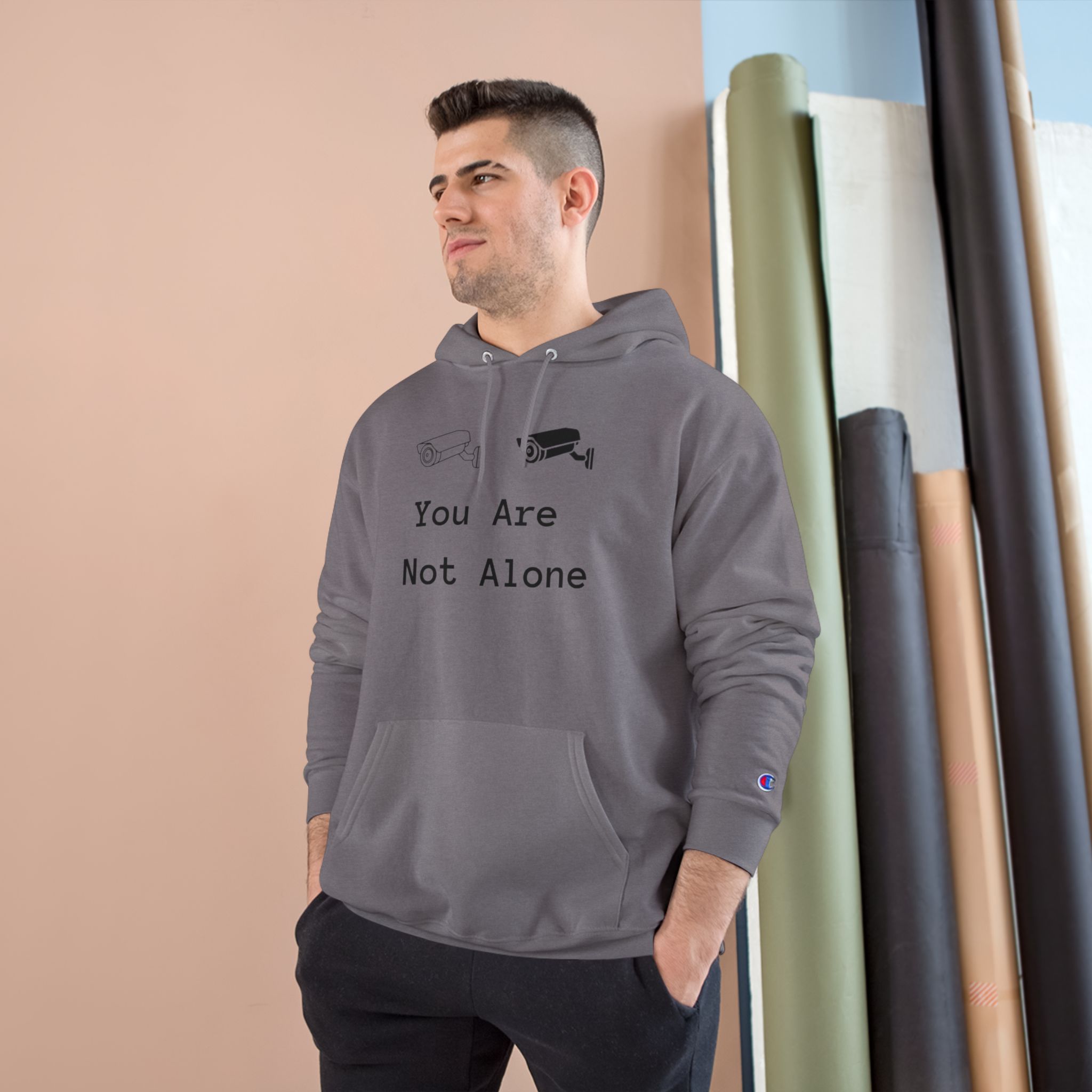 You Are Not Alone Hoodie – Minimalist Surveillance Camera Graphic Champion Hoodie - Image 14