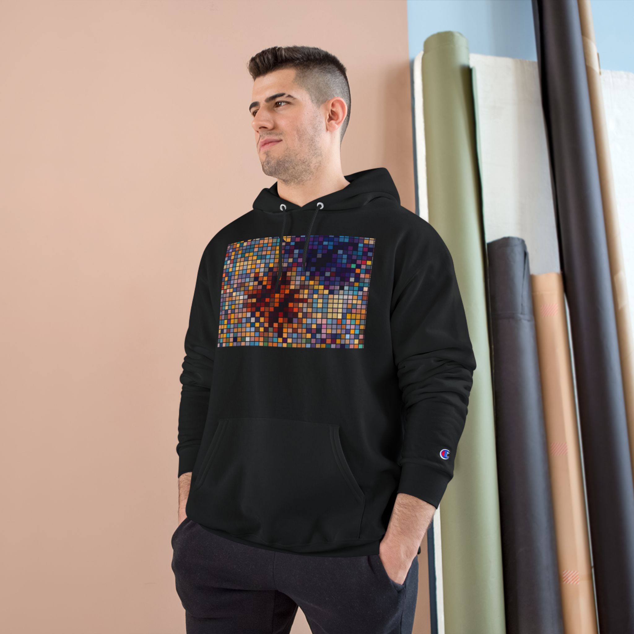 Abstract Mosaic Floral Champion Hoodie — Colorful Pixel Flower Graphic - Image 3