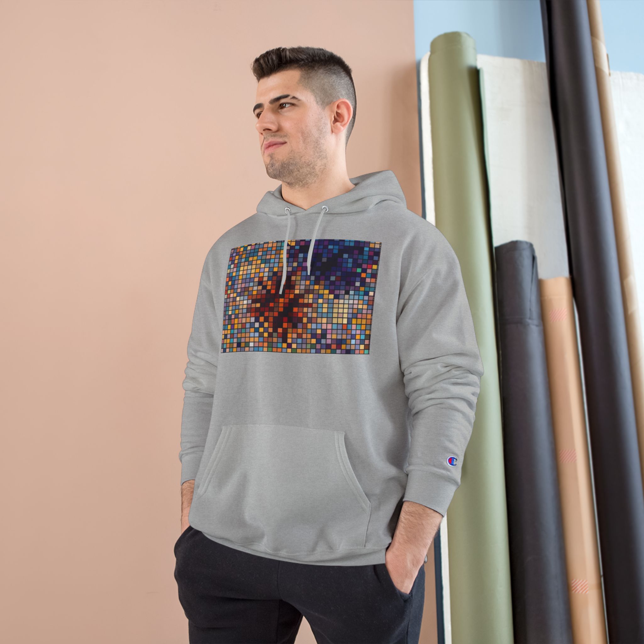 Abstract Mosaic Floral Champion Hoodie — Colorful Pixel Flower Graphic - Image 11
