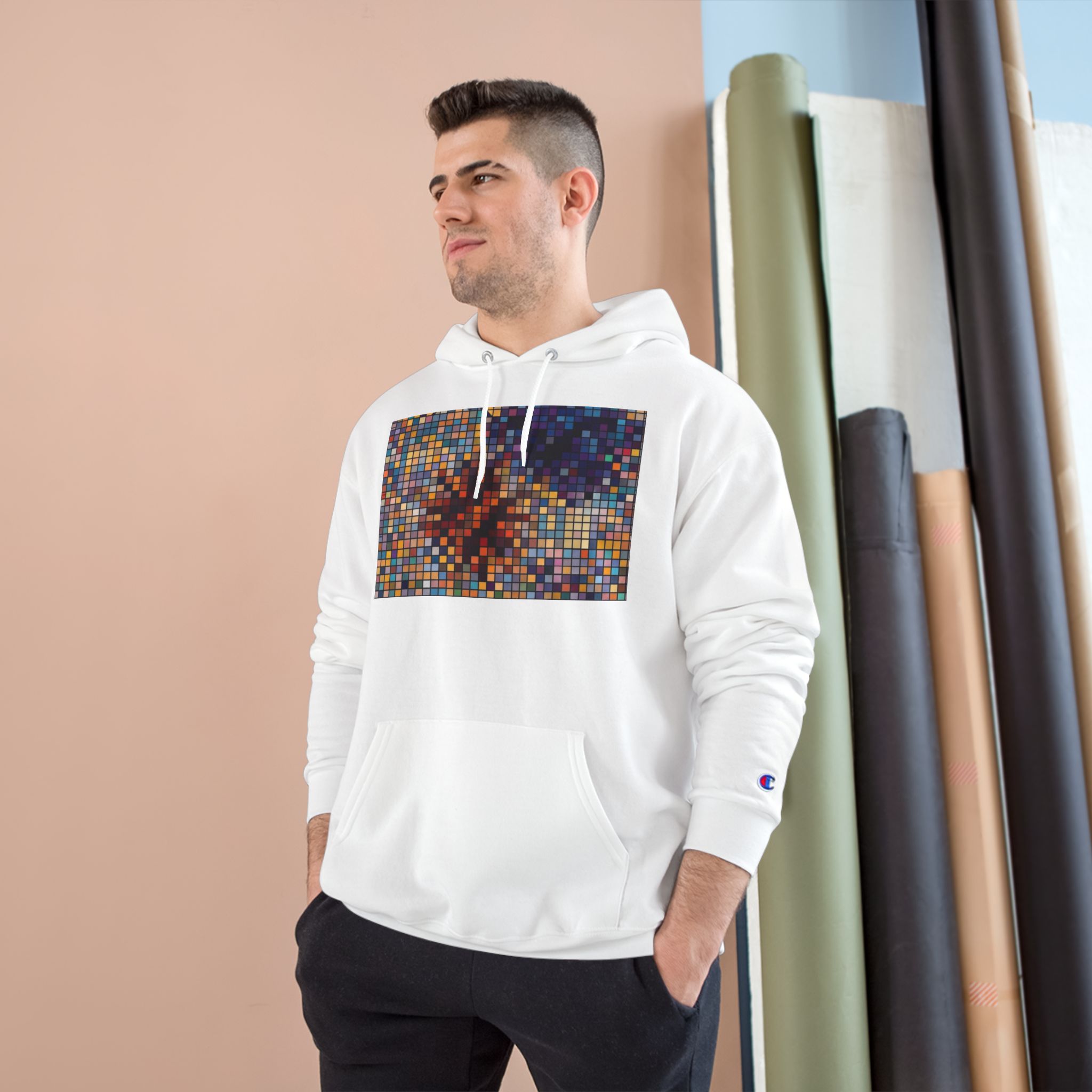 Abstract Mosaic Floral Champion Hoodie — Colorful Pixel Flower Graphic - Image 7