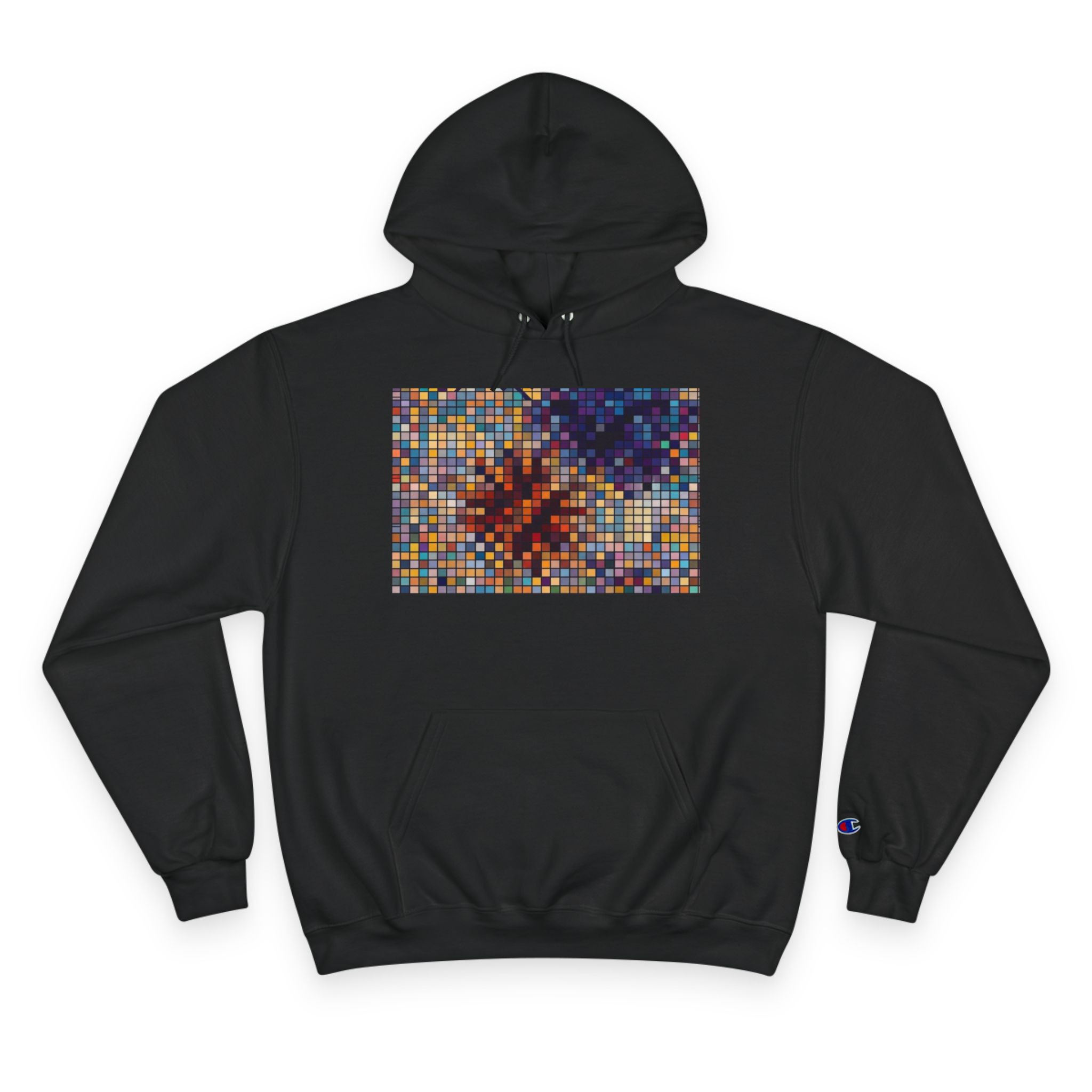 Abstract Mosaic Floral Champion Hoodie — Colorful Pixel Flower Graphic