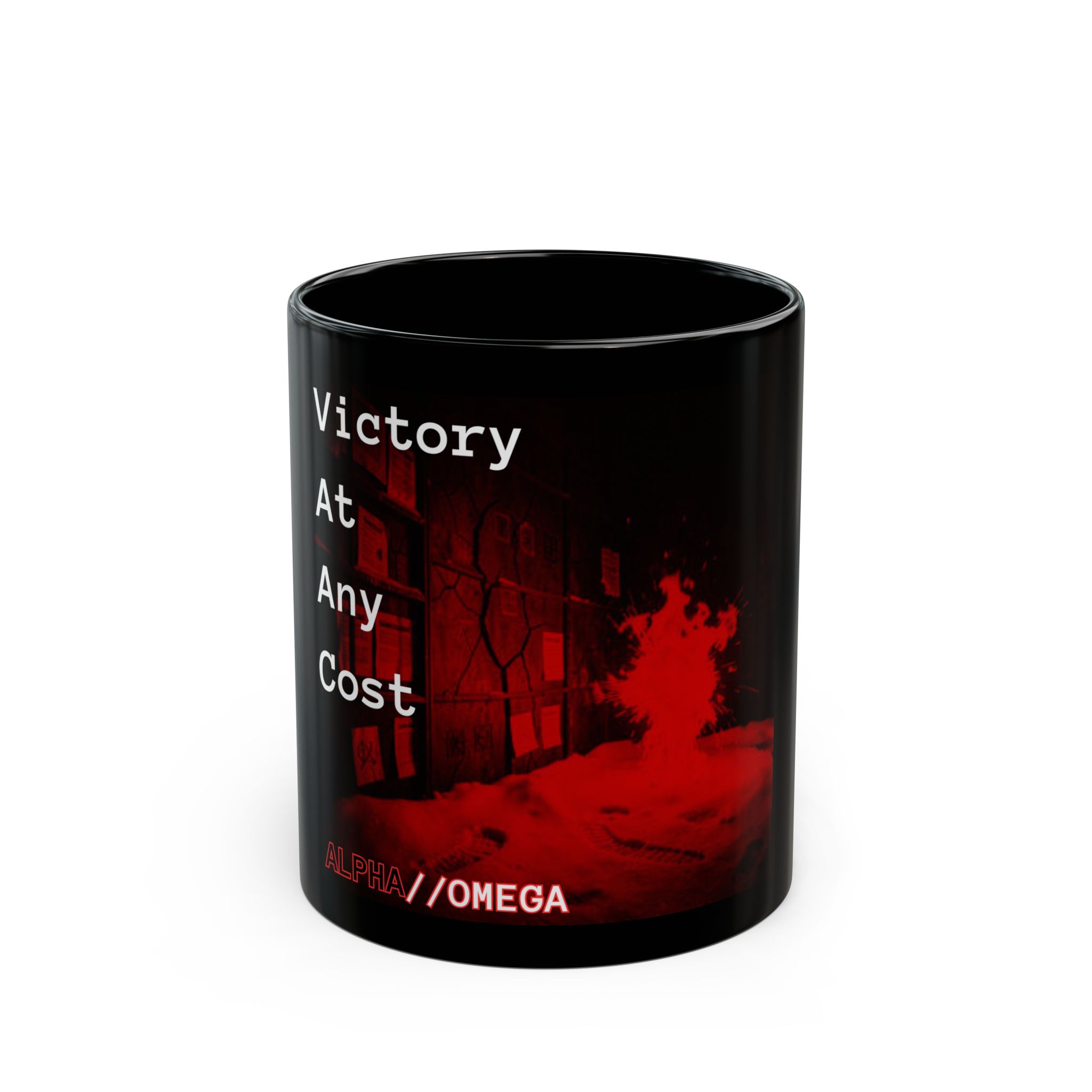 Victory At Any Cost Black Mug — Red Smoke Graphic Coffee Cup