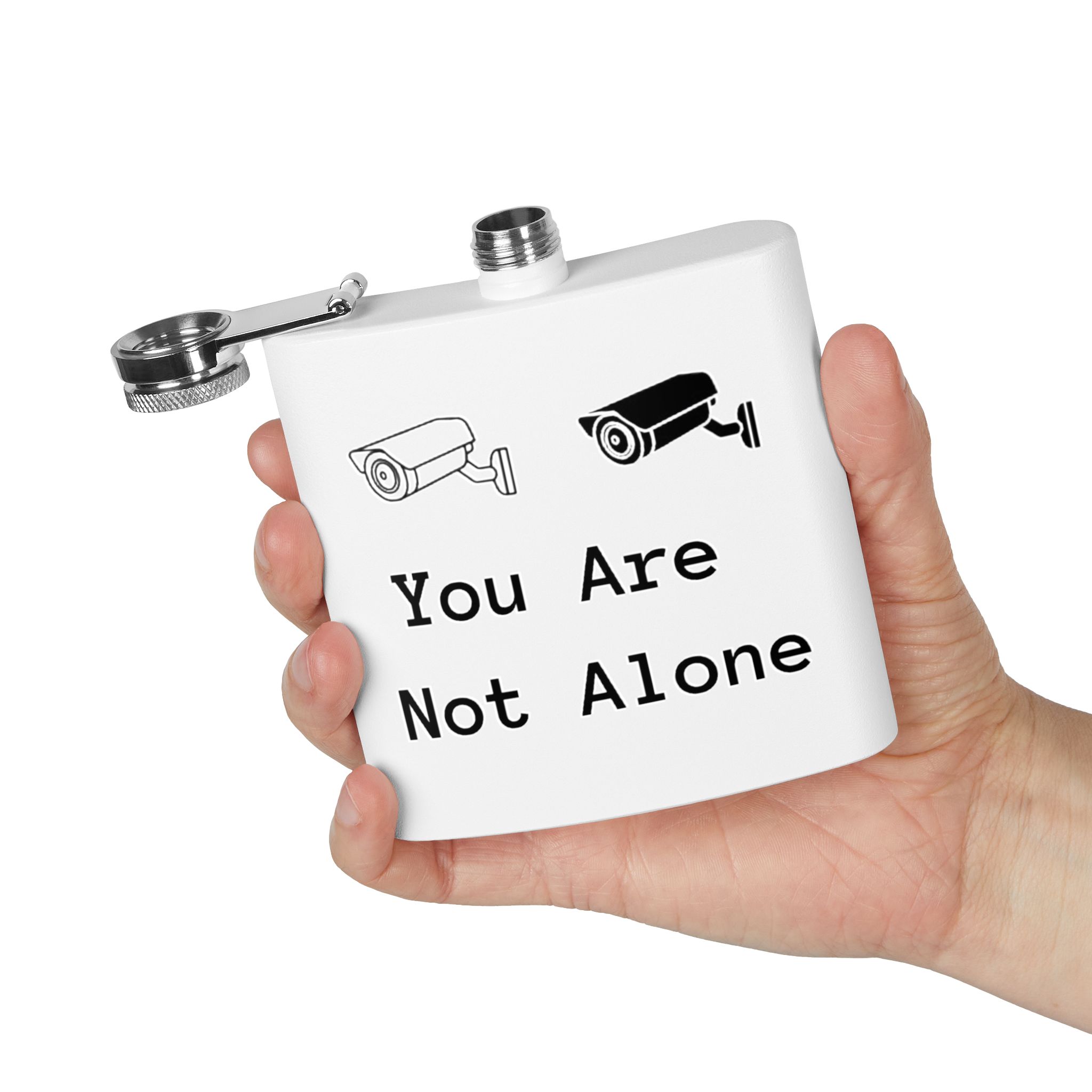 Surveillance Camera "You Are Not Alone" 6oz Stainless Steel Flask - Image 4