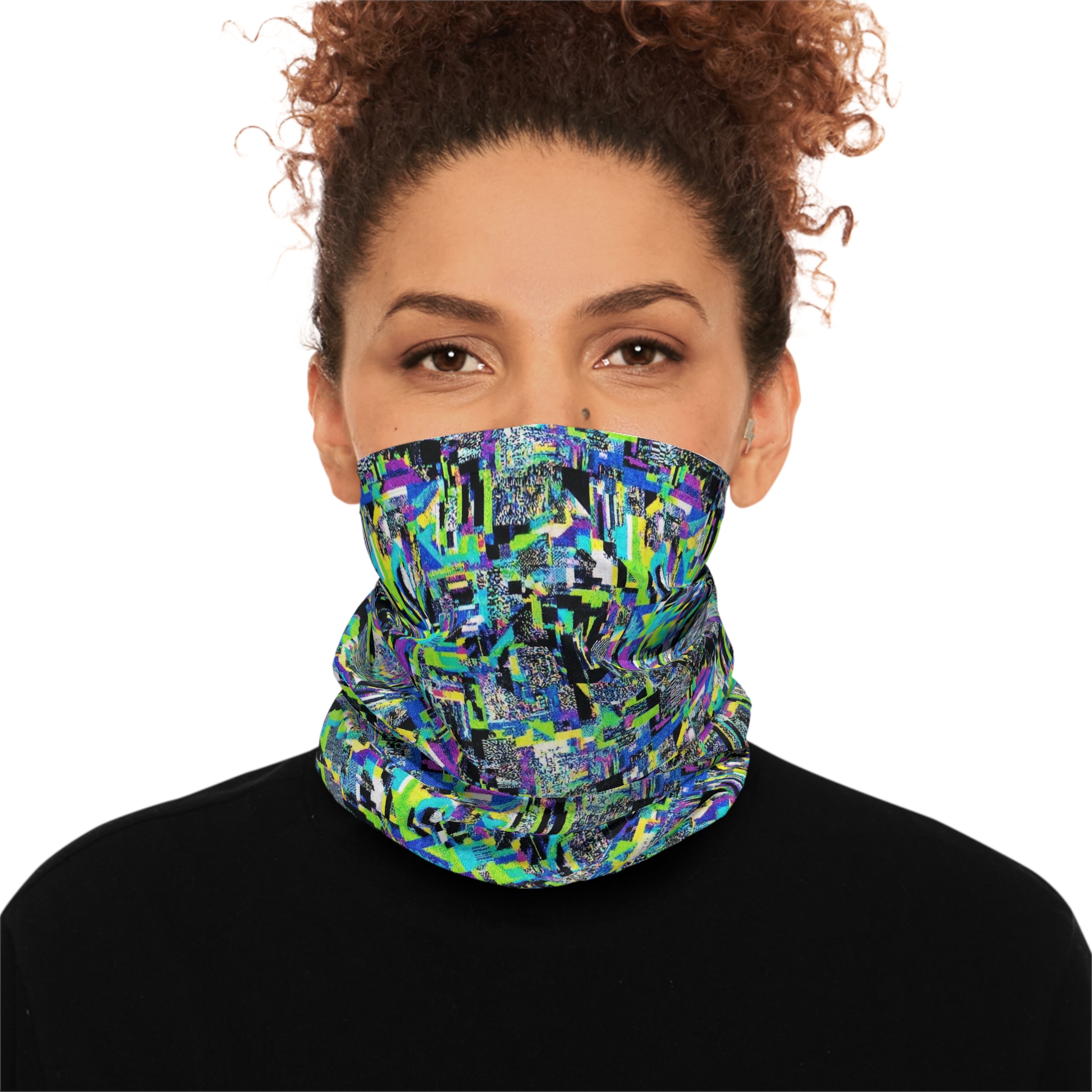 Abstract Neon Geo Neck Gaiter — Blue Green Patterned Face Scarf