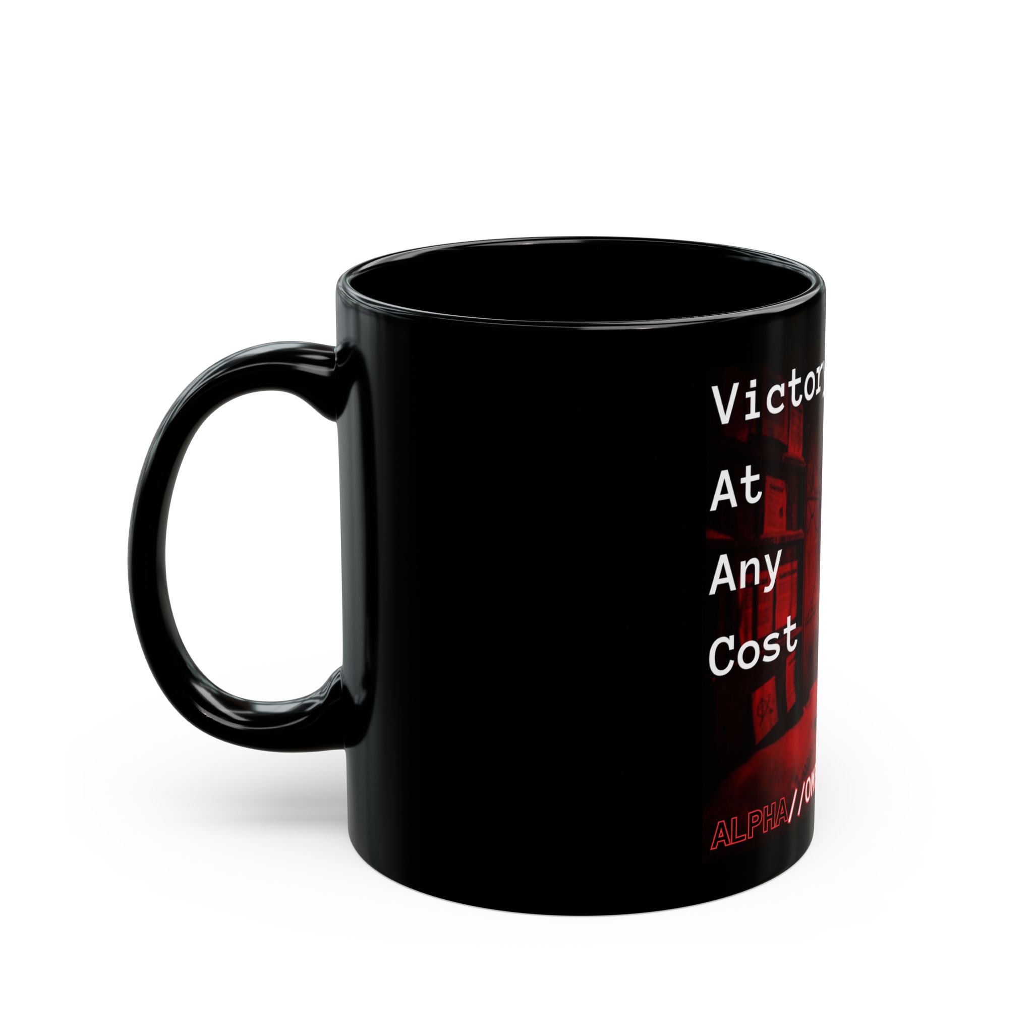 Victory At Any Cost Black Mug — Red Smoke Graphic Coffee Cup - Image 3