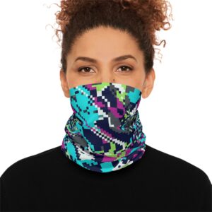 Abstract Pixel Camo Neck Gaiter — Neon Blue & Purple Lightweight Face Tube
