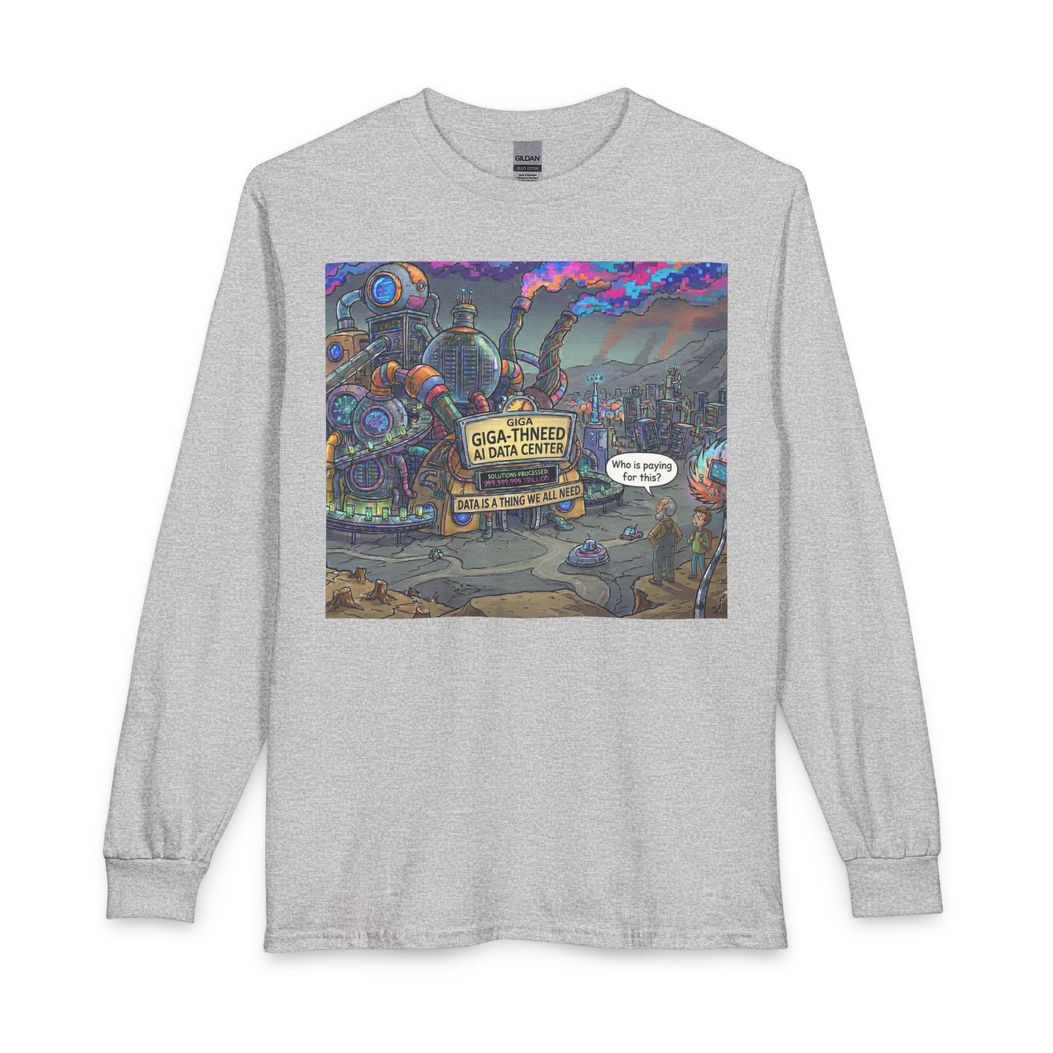 Long Sleeve T-Shirt — Retro Sci‑Fi 'Who is Paying for This AI Data Center' Graphic - Image 13
